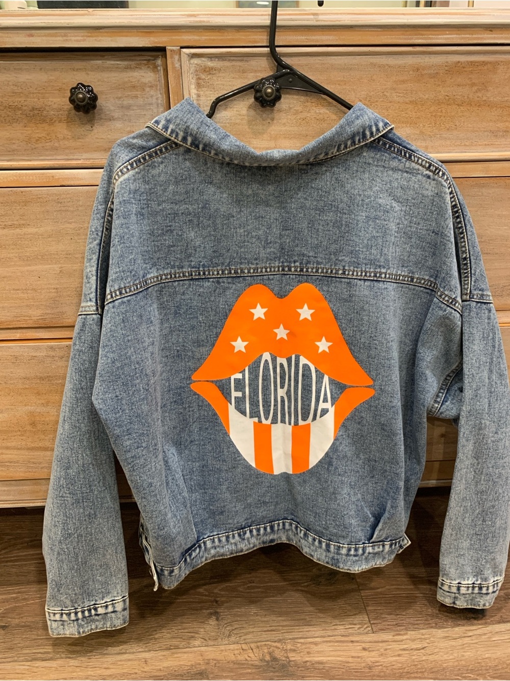 Denim Jacket with Orange & White Florida Lip Graphic